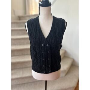Vintage Black Double Breasted Shetland Wool Cableknit Sleeveless Vest